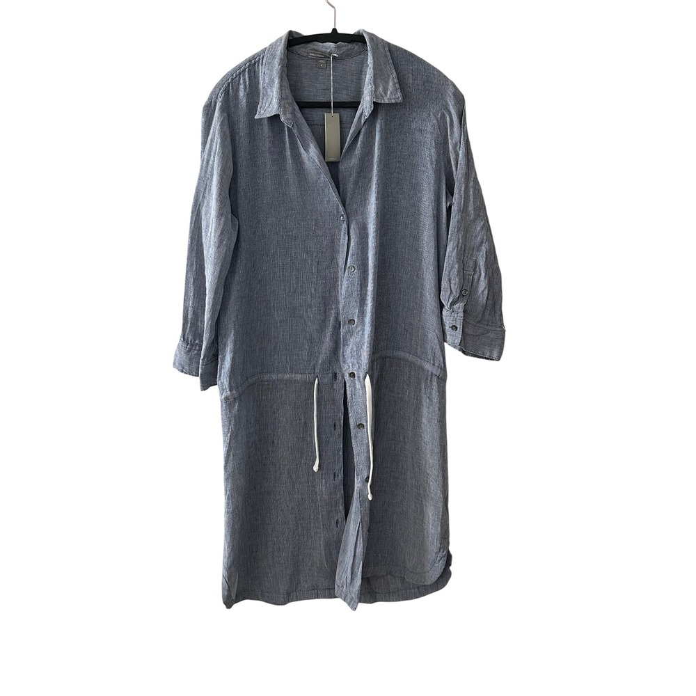 James Perse Blue White Striped Linen Drawstring Waist Shirt‎ Dress Size 4 L